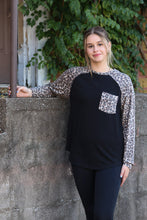 Load image into Gallery viewer, Black Shirt with Leopard sleeves and pocket