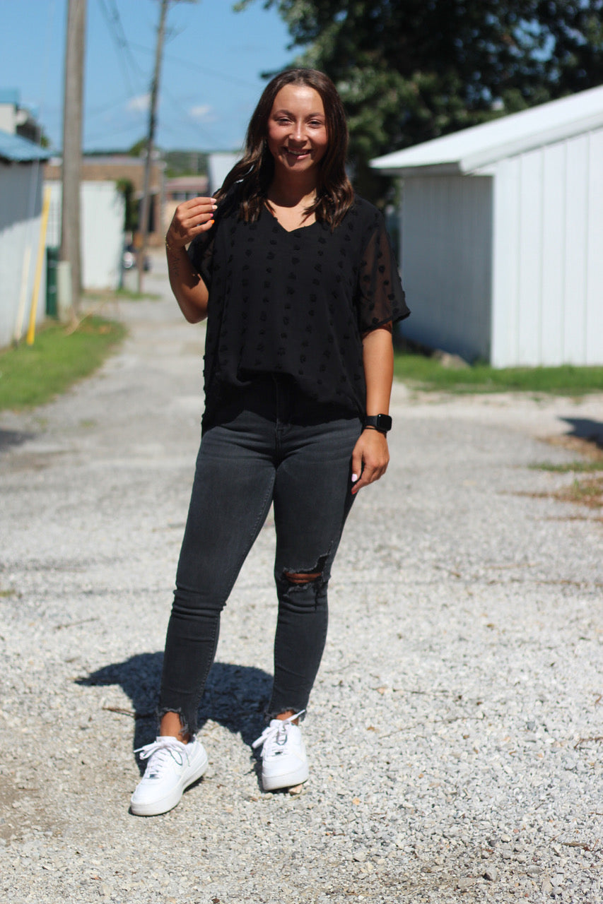 Black Dotted V-Neck Top