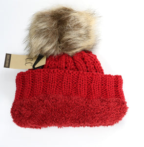 Fuzzy Lined Fur Pom CC Beanie