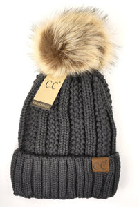 Fuzzy Lined Fur Pom CC Beanie