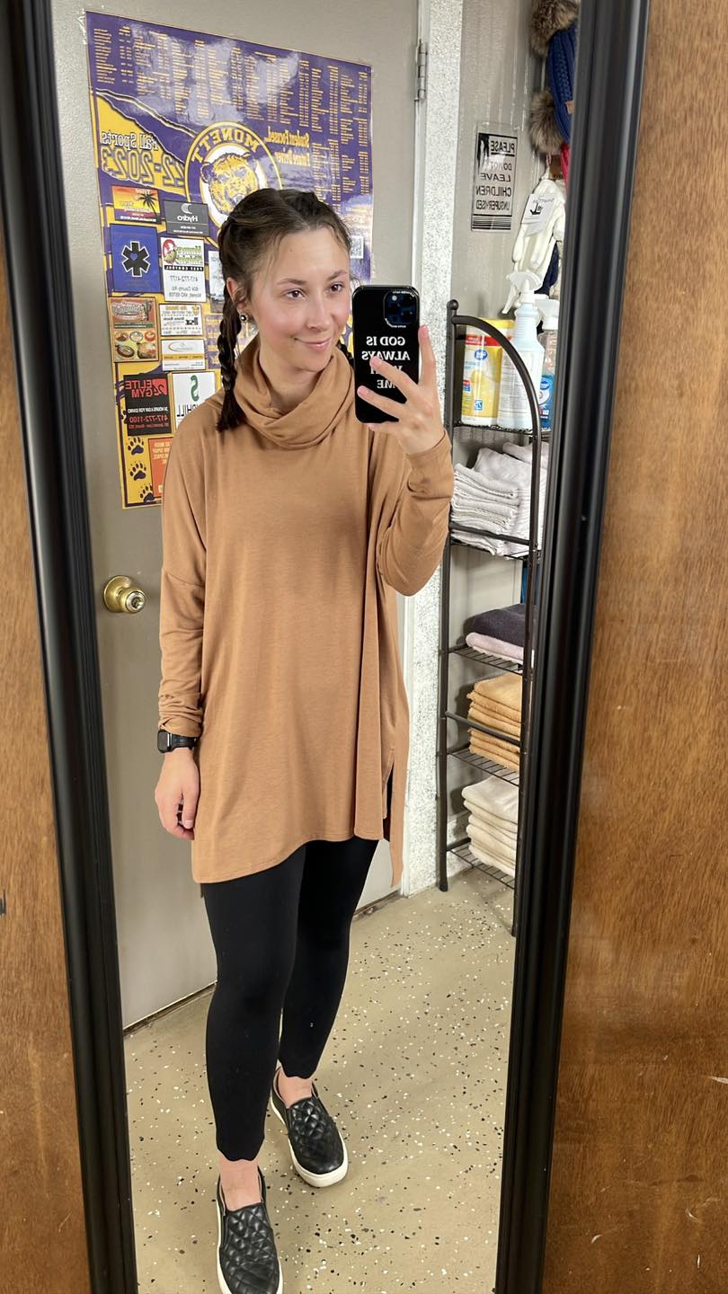 Light brown oversized turtleneck high-low tunic